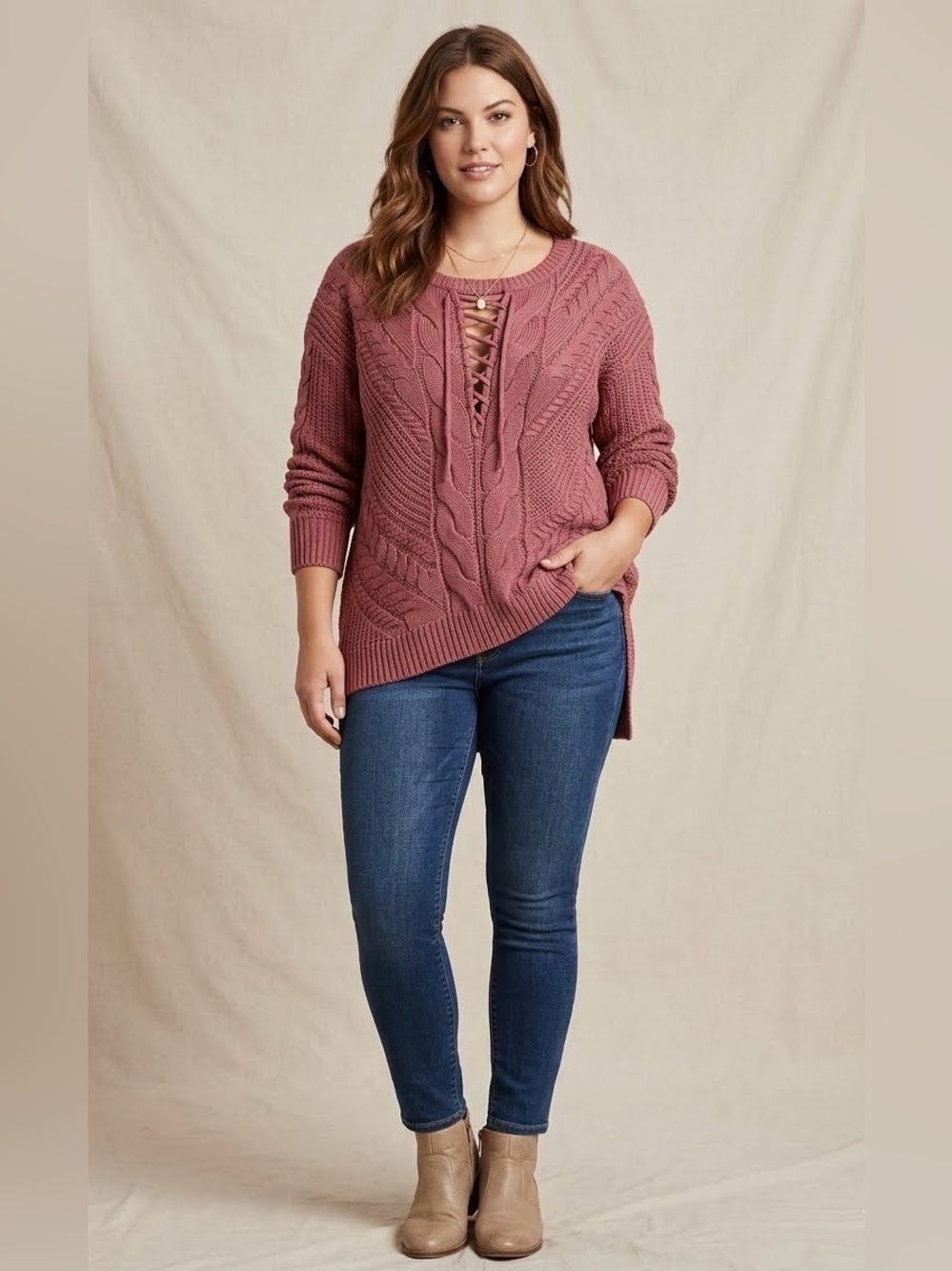 Express Lace-Up Cable Knit High-Low Sweater Mauve Size Medium
